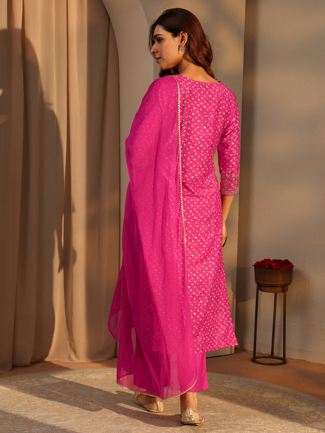  Pink Bandhani Embroidered Silk Blend Straight Suit Set With Dupatta 