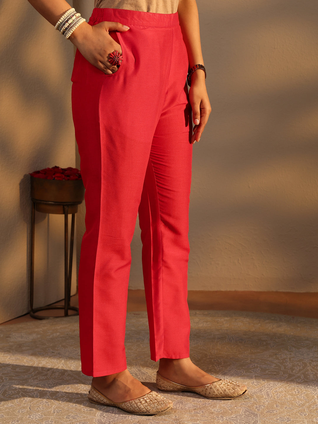  Red Bandhani Printed Silk Blend Straight Suit Set With Dupatta 