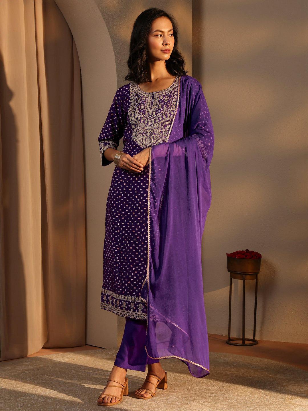  Purple Bandhani Printed Silk Blend Straight Suit Set With Dupatta 