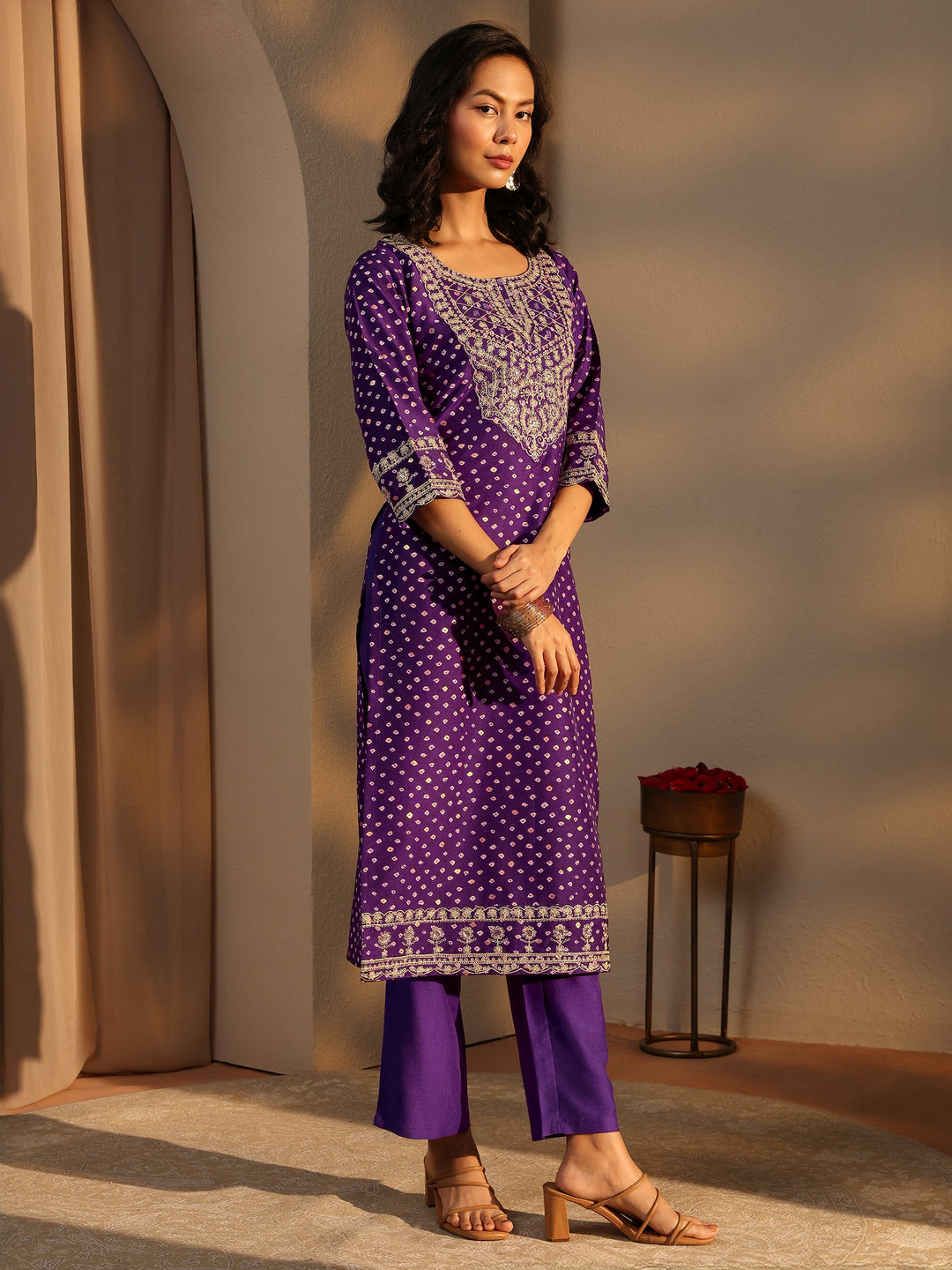  Purple Bandhani Printed Silk Blend Straight Suit Set With Dupatta 