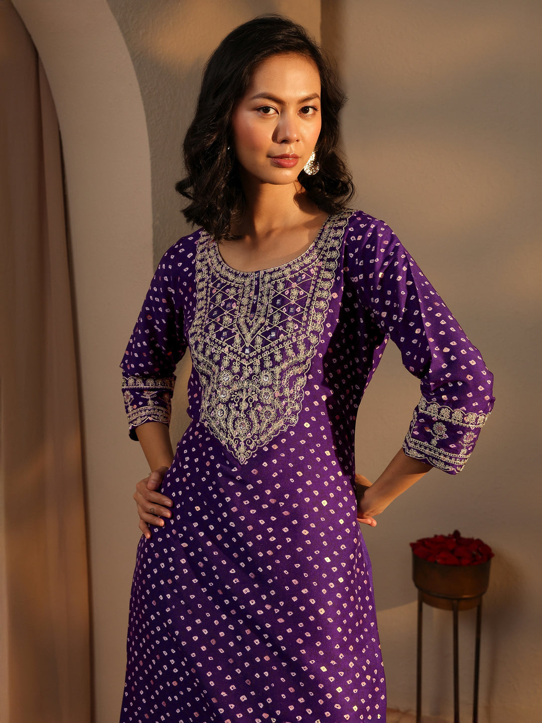  Purple Bandhani Printed Silk Blend Straight Suit Set With Dupatta 