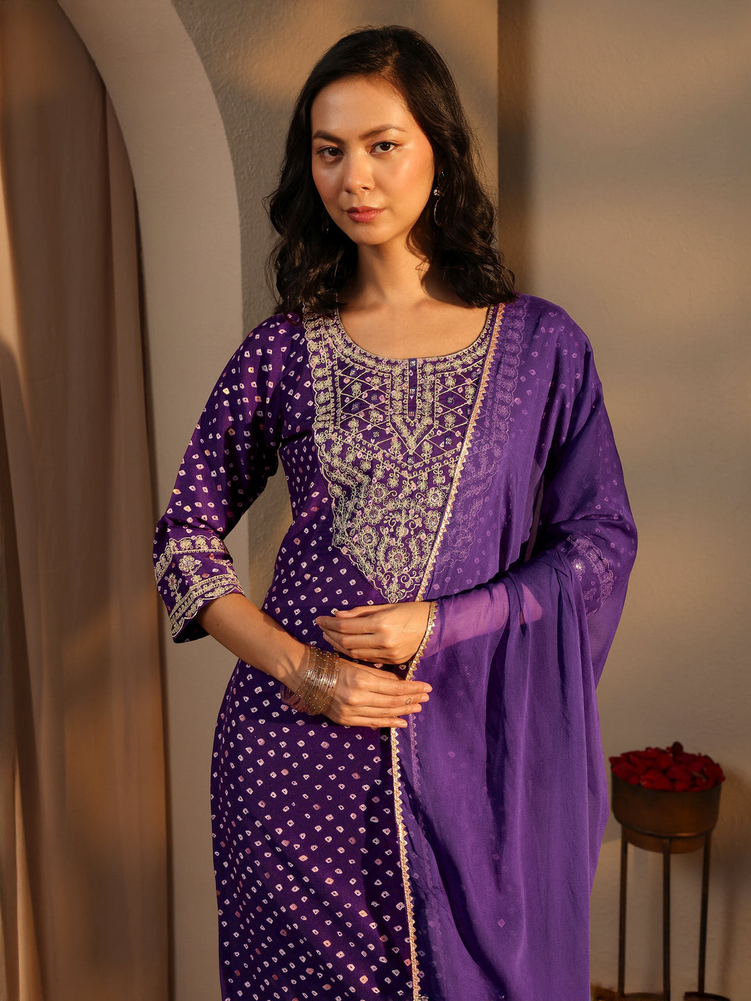  Purple Bandhani Printed Silk Blend Straight Suit Set With Dupatta 