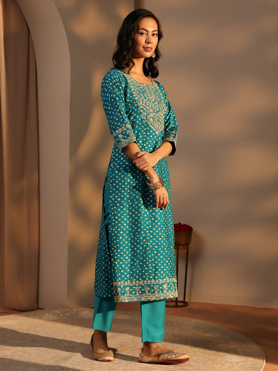  Blue Bandhani Printed Silk Blend Straight Suit Set With Dupatta 