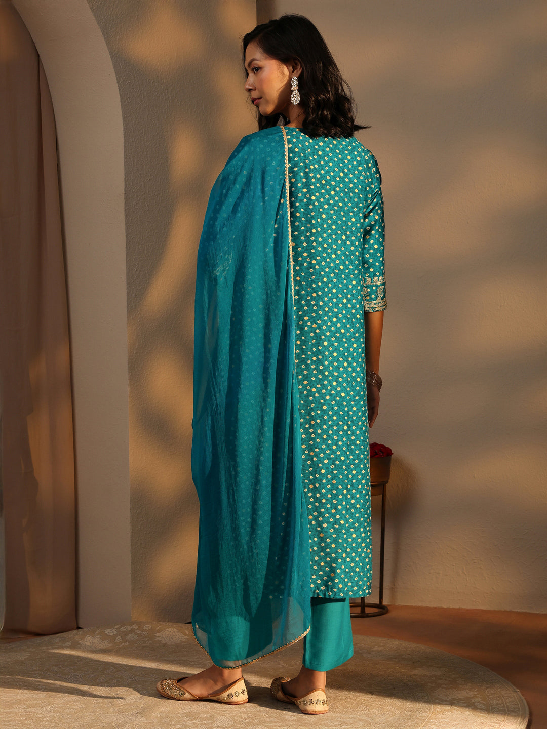 Blue Bandhani Printed Silk Blend Straight Suit Set With Dupatta 