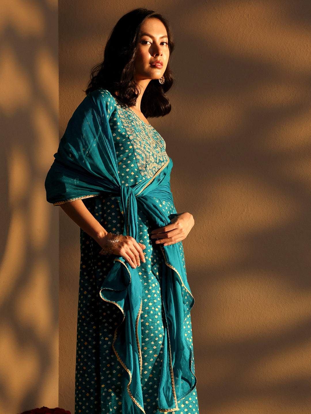  Blue Bandhani Printed Silk Blend Straight Suit Set With Dupatta 