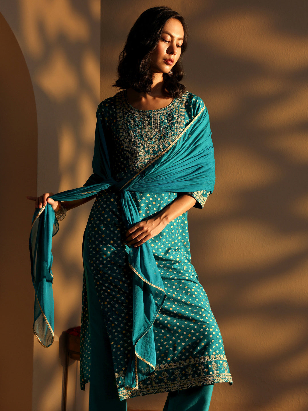  Blue Bandhani Printed Silk Blend Straight Suit Set With Dupatta 