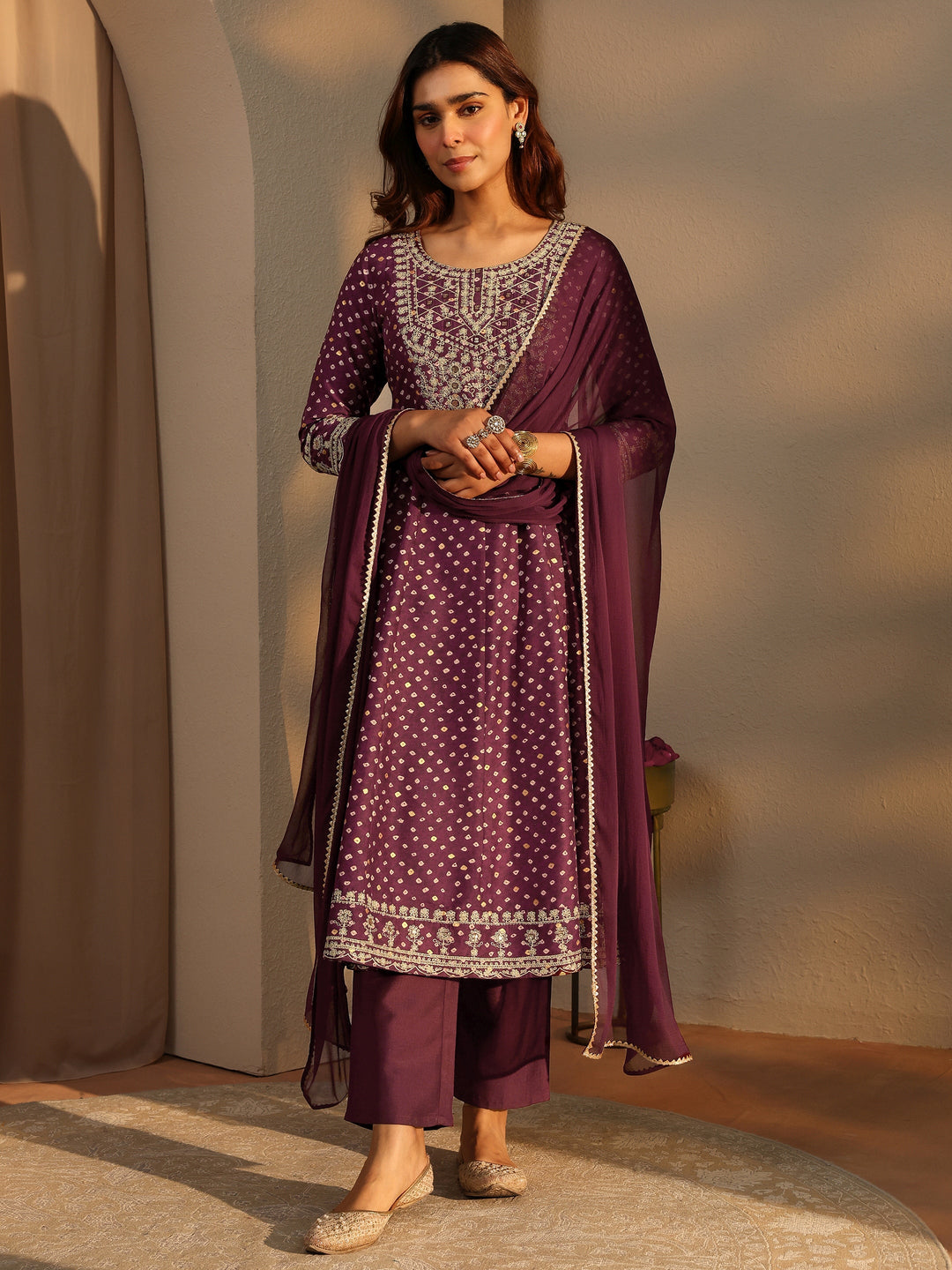  Burgundy Bandhani Printed Silk Blend A-Line Suit Set With Dupatta 