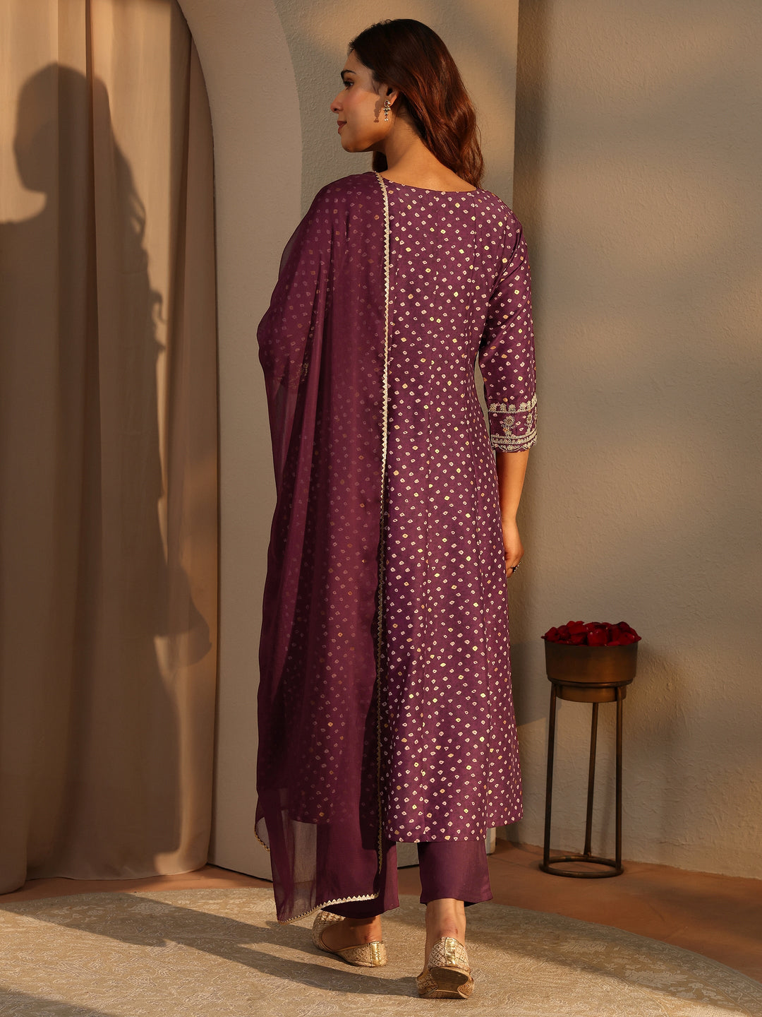  Burgundy Bandhani Printed Silk Blend A-Line Suit Set With Dupatta 