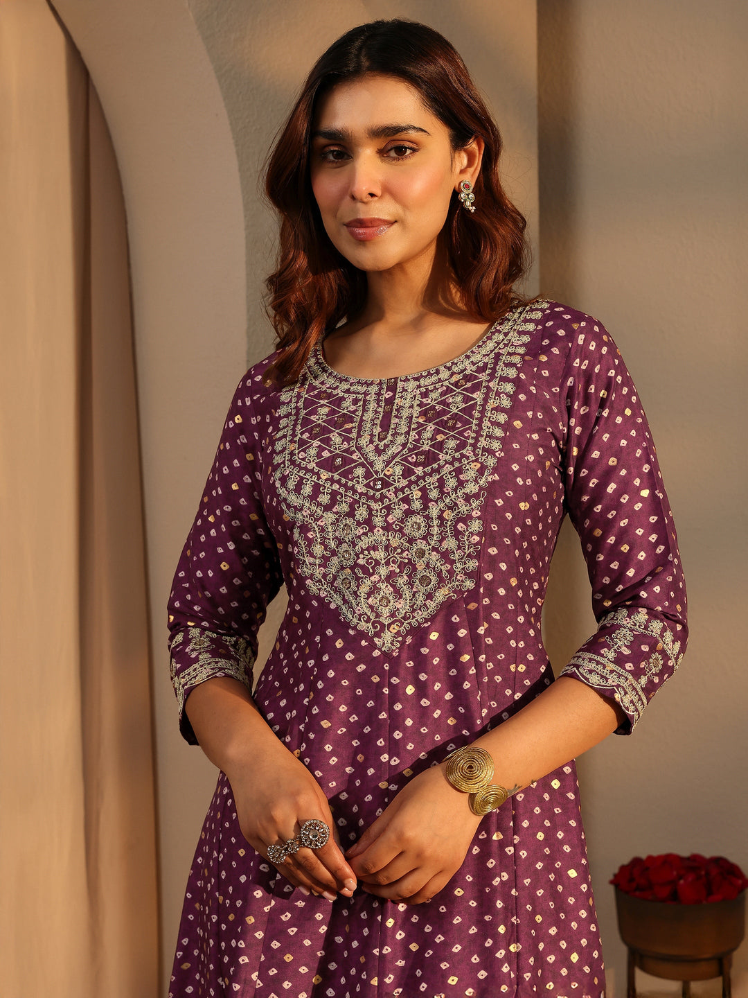  Burgundy Bandhani Printed Silk Blend A-Line Suit Set With Dupatta 