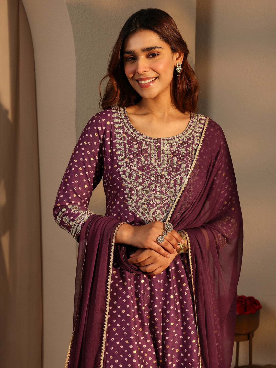  Burgundy Bandhani Printed Silk Blend A-Line Suit Set With Dupatta 