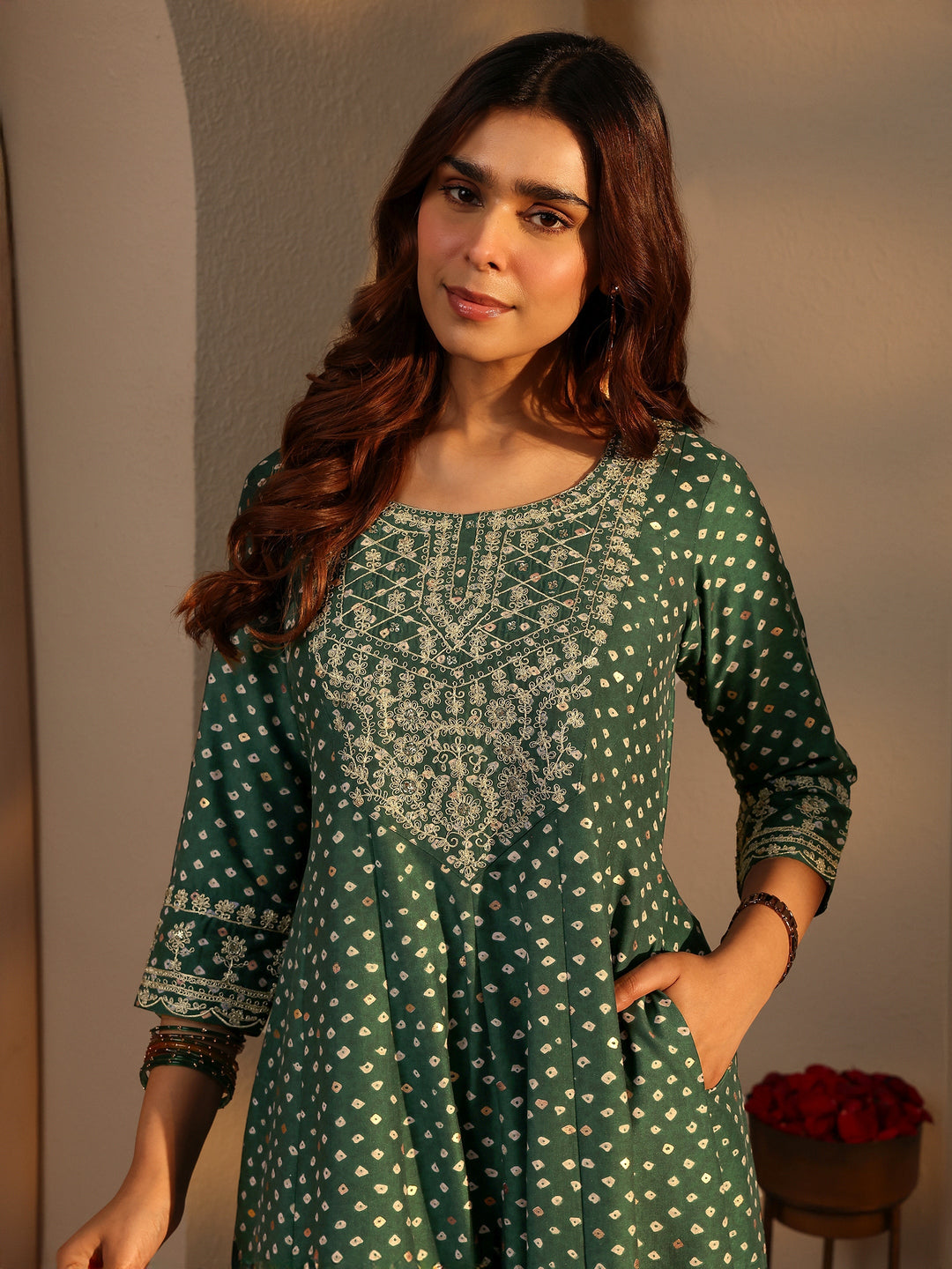 Green Bandhani Printed Silk Blend A-Line Suit Set With Dupatta 