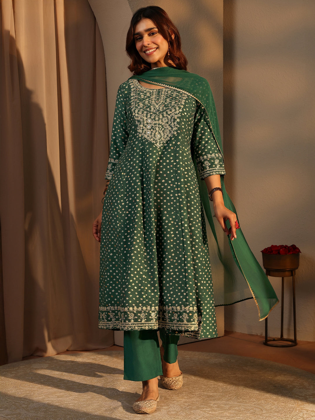  Green Bandhani Printed Silk Blend A-Line Suit Set With Dupatta 