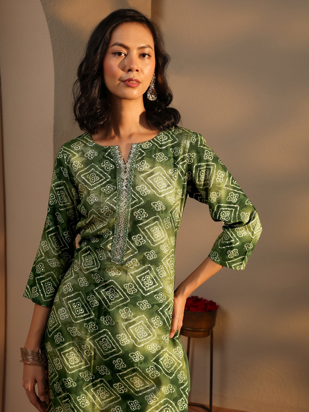  Green Bandhani Printed Rayon Straight Suit Set With Dupatta 