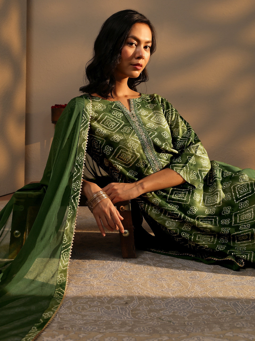  Green Bandhani Printed Rayon Straight Suit Set With Dupatta 