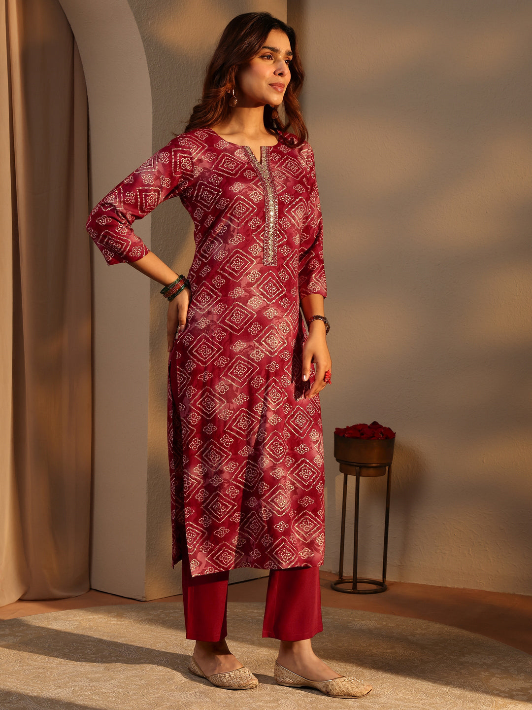  Maroon Bandhani Printed Rayon Straight Suit Set With Dupatta 