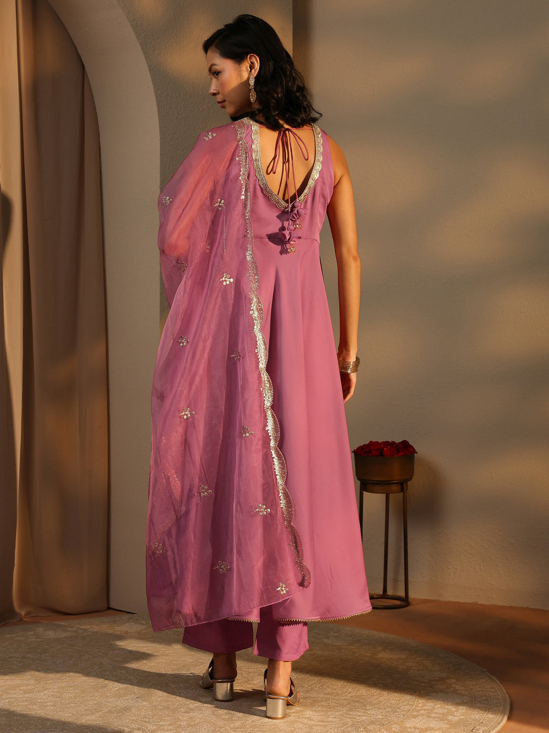  Pink Solid Satin Anarkali Suit Set With Dupatta 