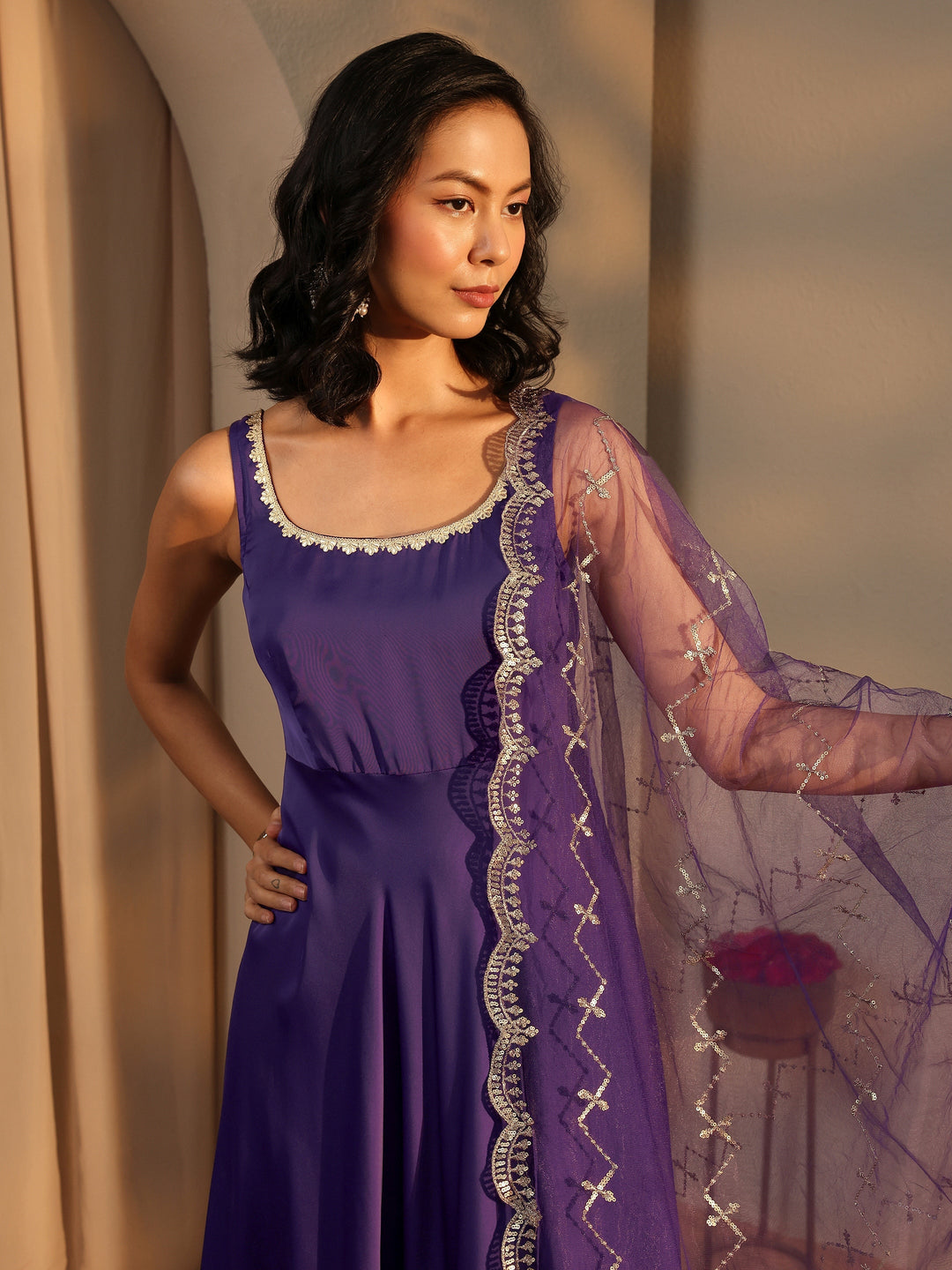  Purple Solid Satin A-Line Suit Set With Dupatta 