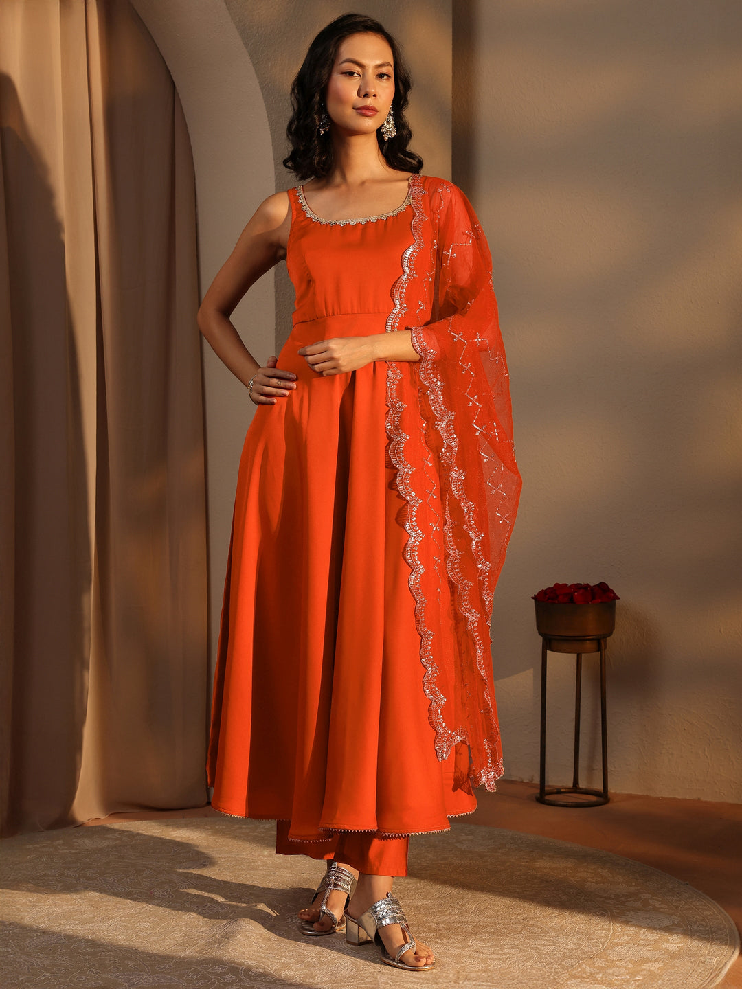  Rust Solid Satin A-Line Suit Set With Dupatta 