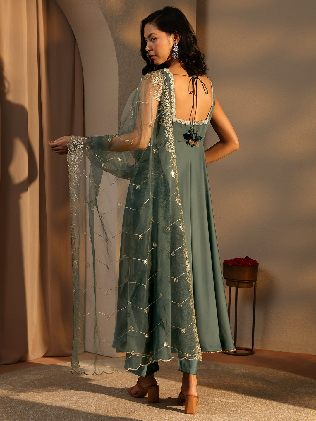  Green Solid Satin A-Line Suit Set With Dupatta 