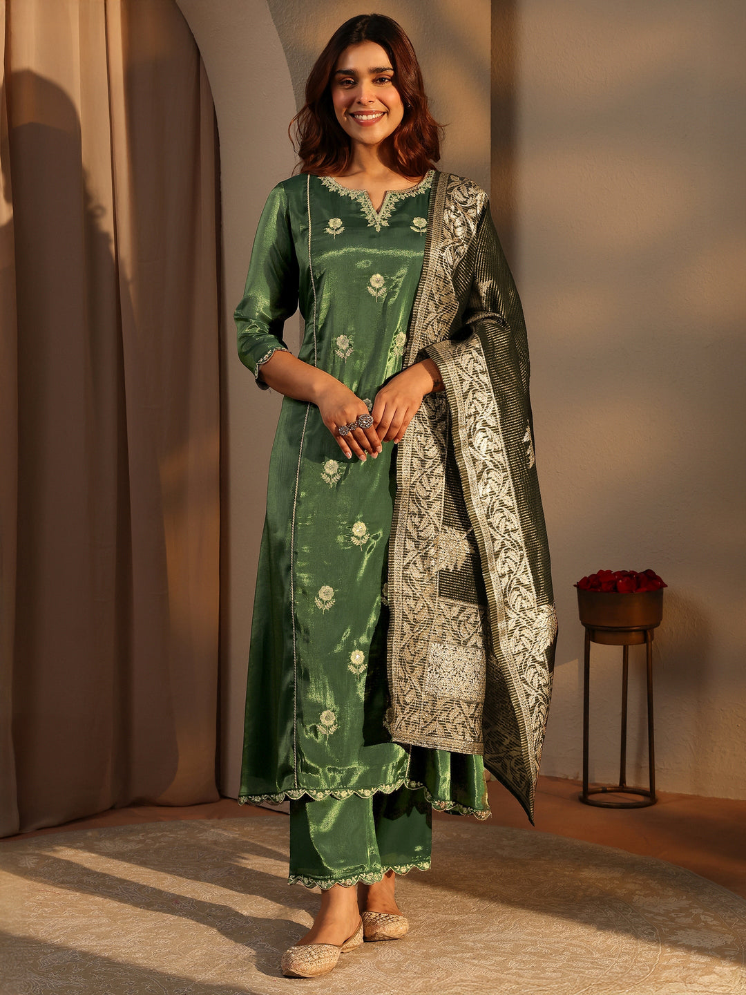  Green Embellished Silk Blend A-Line Suit Set With Dupatta 