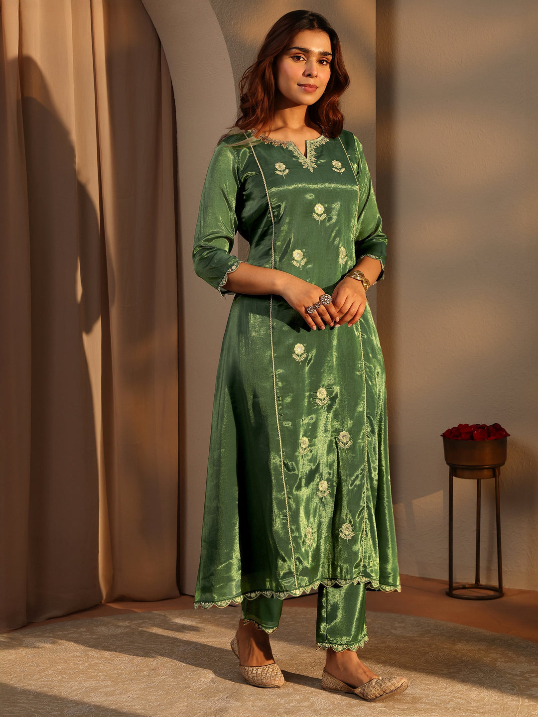  Green Embellished Silk Blend A-Line Suit Set With Dupatta 