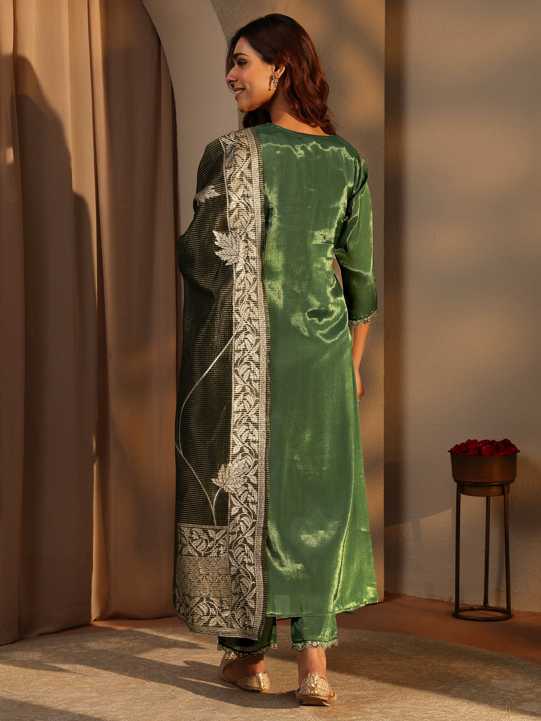  Green Embellished Silk Blend A-Line Suit Set With Dupatta 