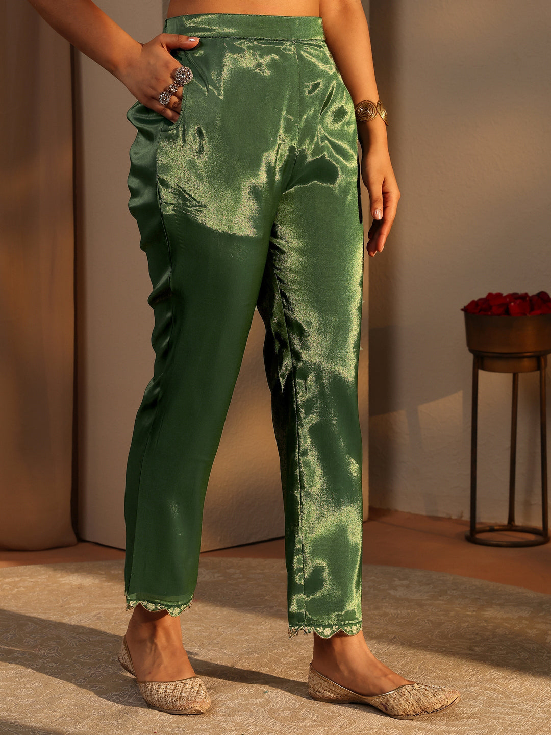  Green Embellished Silk Blend A-Line Suit Set With Dupatta 
