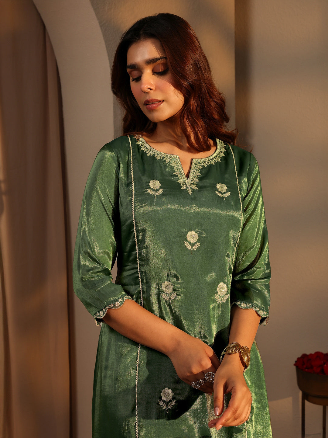  Green Embellished Silk Blend A-Line Suit Set With Dupatta 