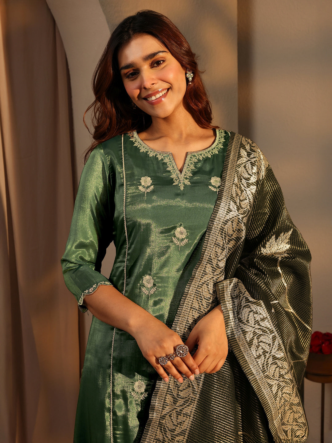  Green Embellished Silk Blend A-Line Suit Set With Dupatta 
