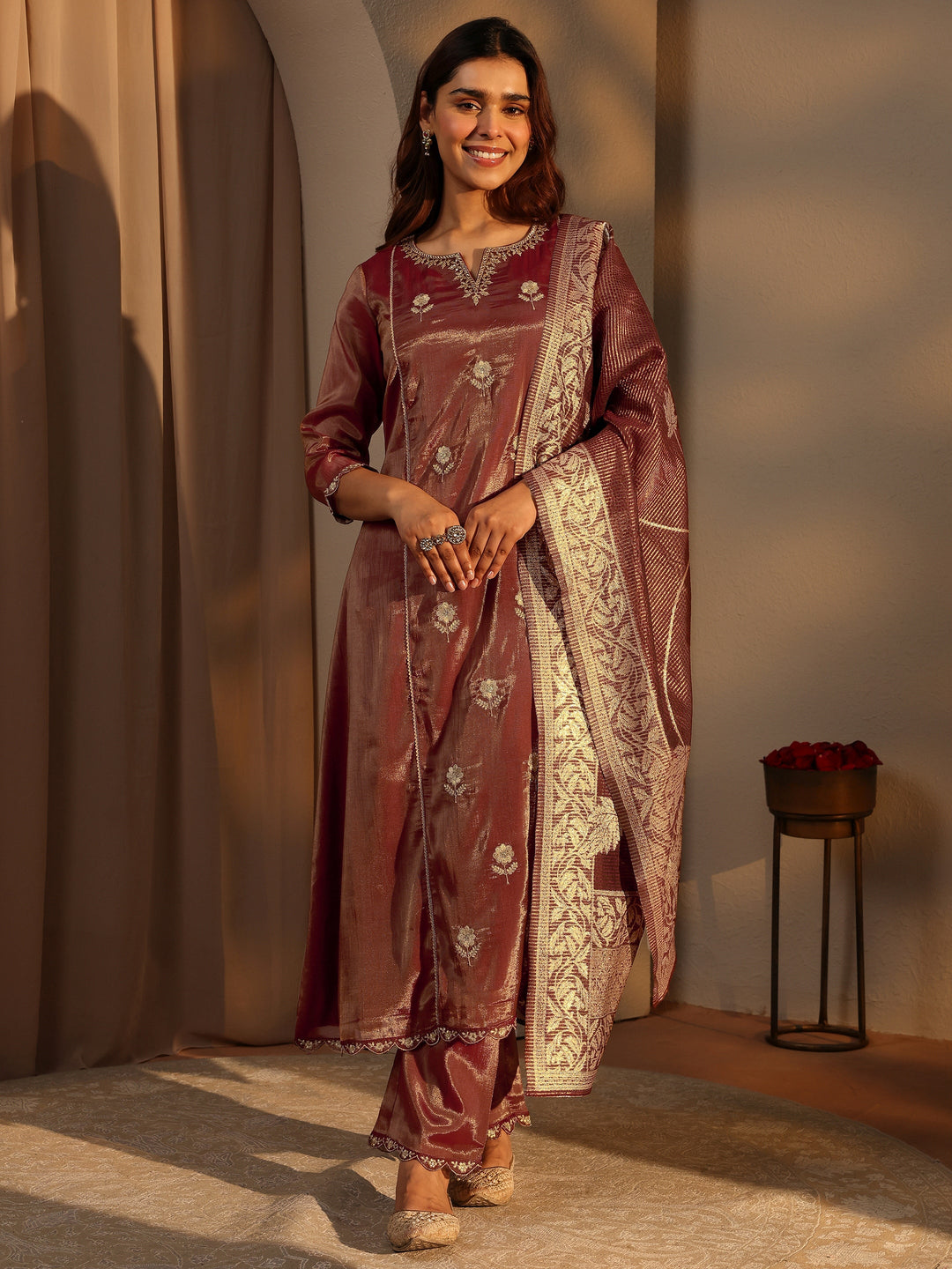  Brown Embellished Silk Blend A-Line Suit Set With Dupatta 