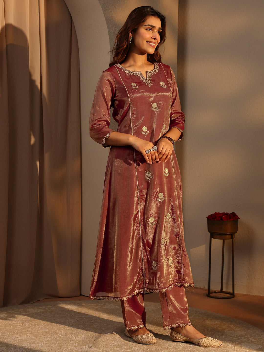  Brown Embellished Silk Blend A-Line Suit Set With Dupatta 