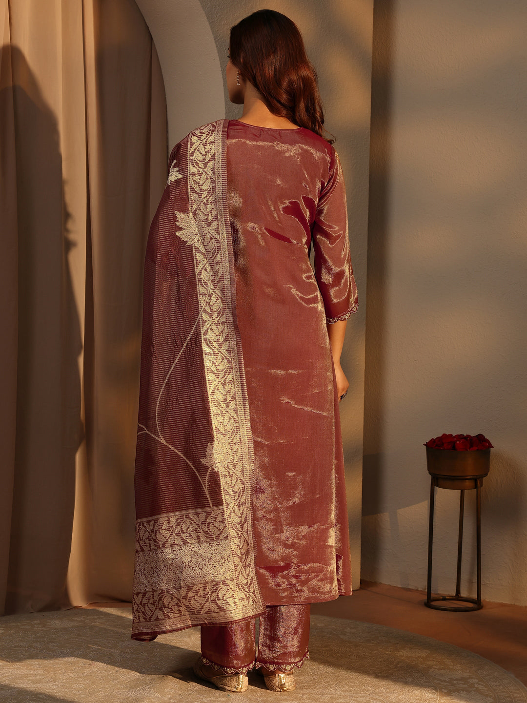  Brown Embellished Silk Blend A-Line Suit Set With Dupatta 