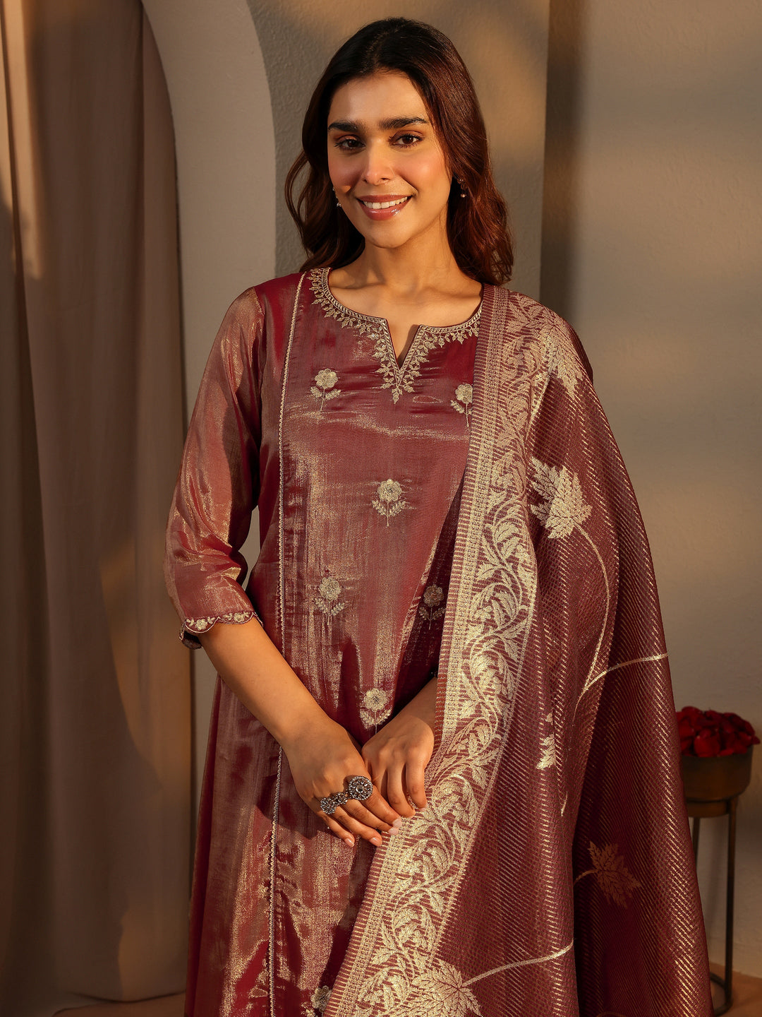  Brown Embellished Silk Blend A-Line Suit Set With Dupatta 