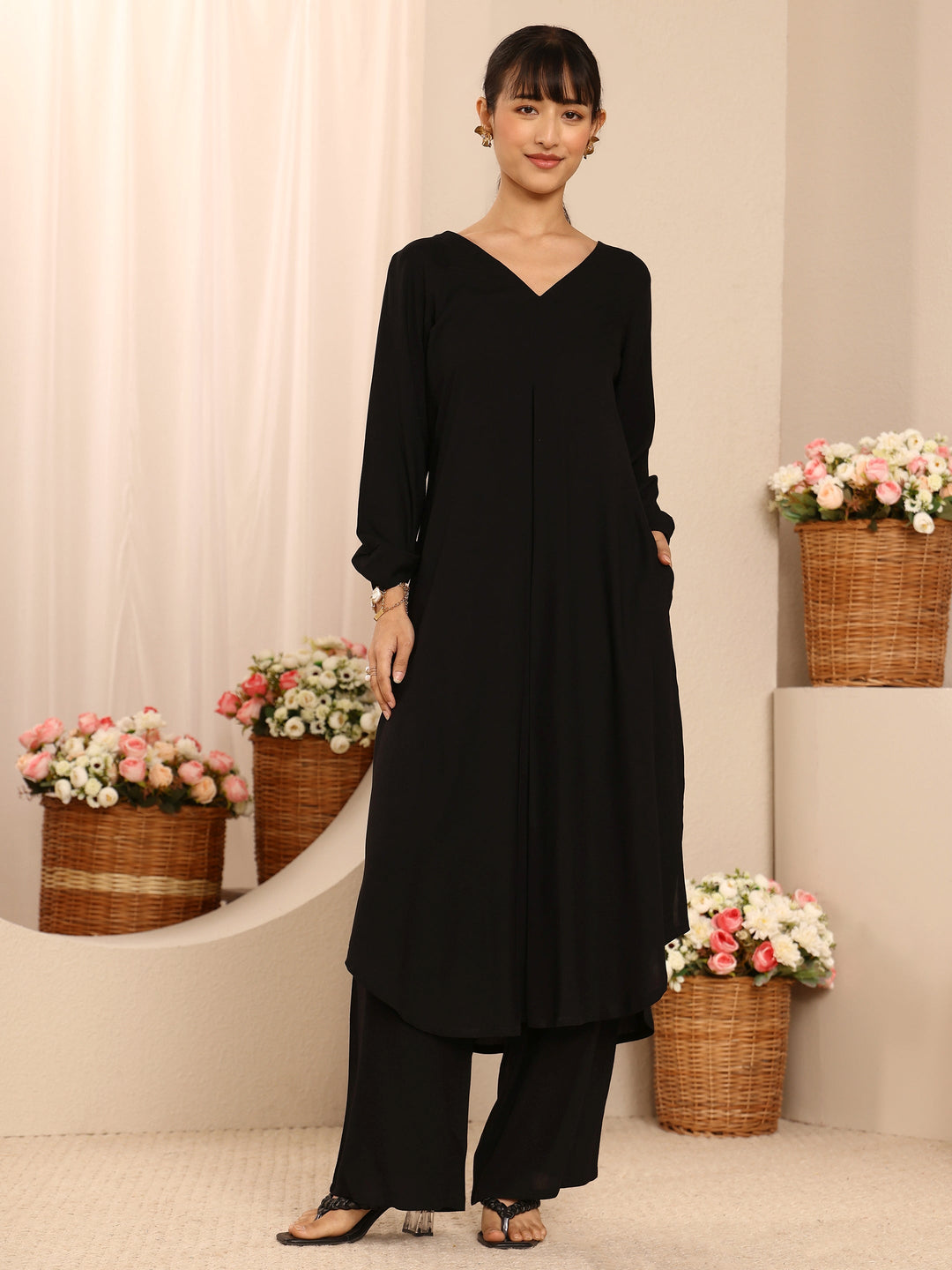  Black Solid Rayon A-Line Kurta Set 