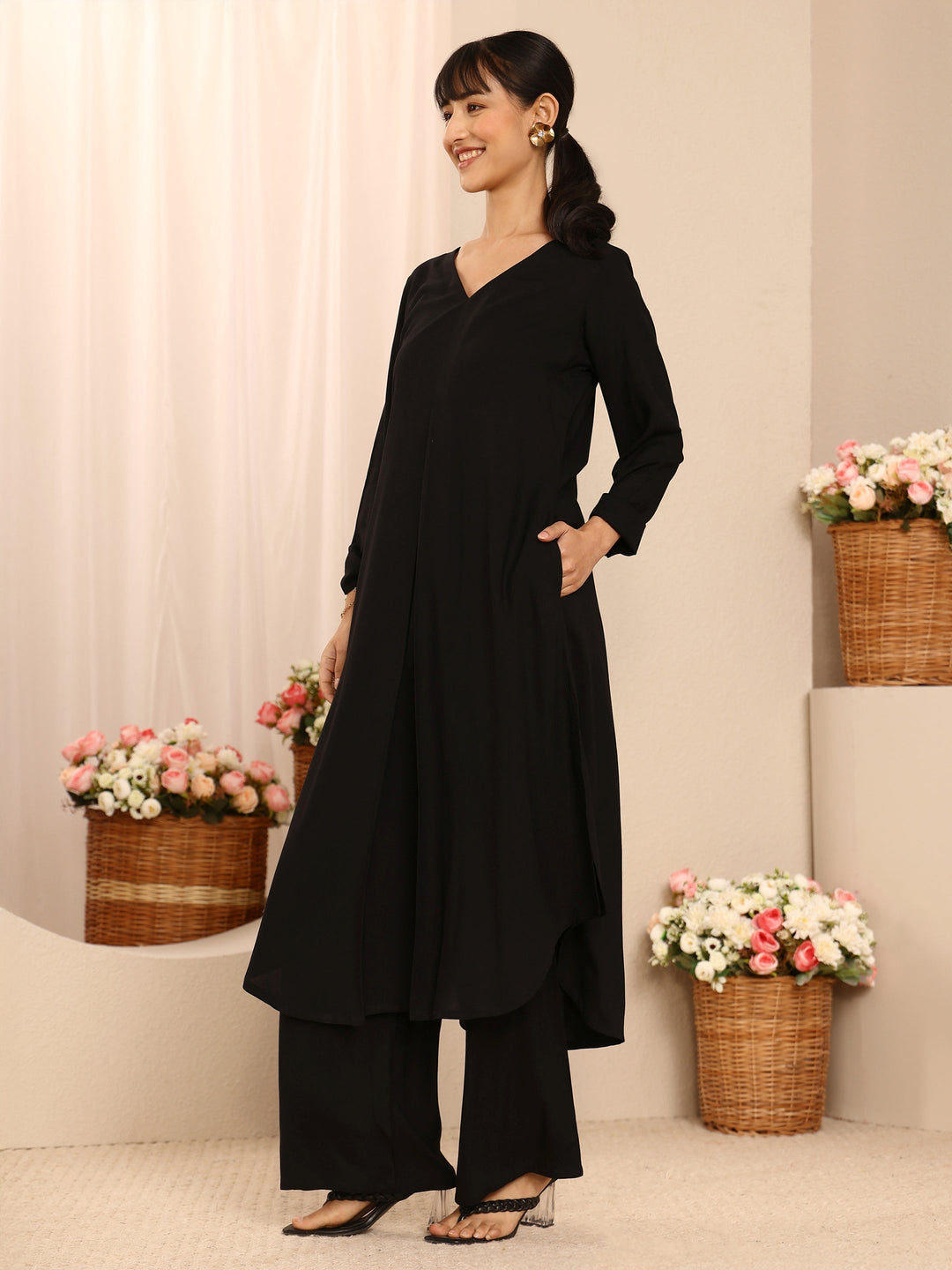 Black Solid Rayon A-Line Kurta Set 