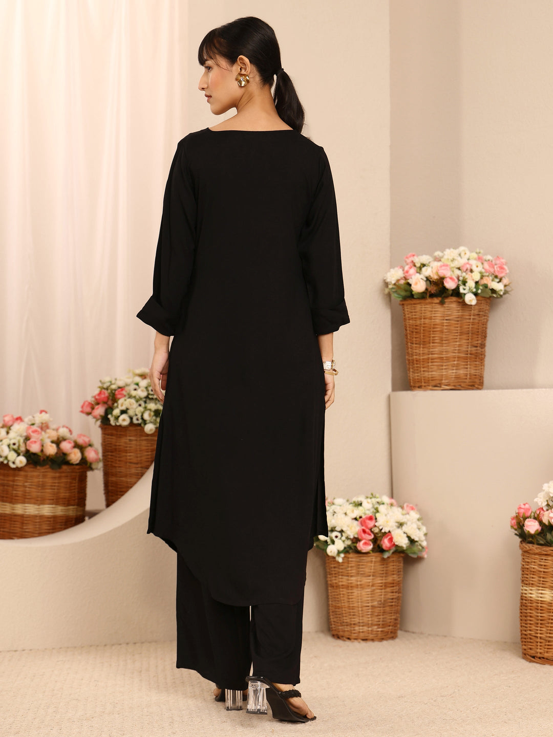  Black Solid Rayon A-Line Kurta Set 