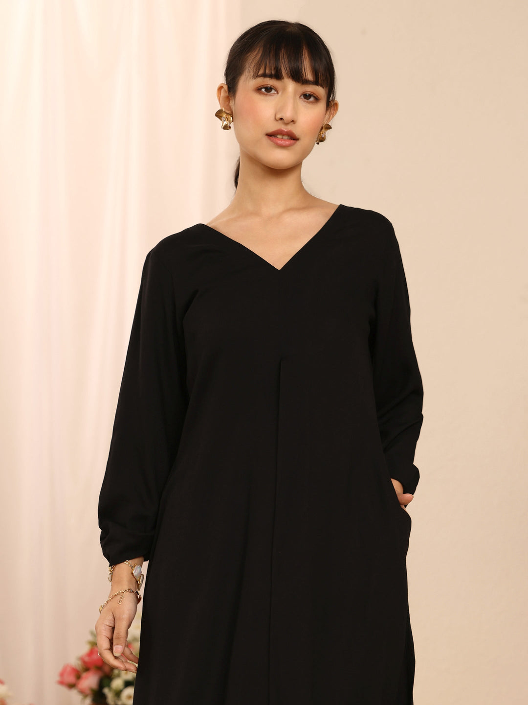  Black Solid Rayon A-Line Kurta Set 