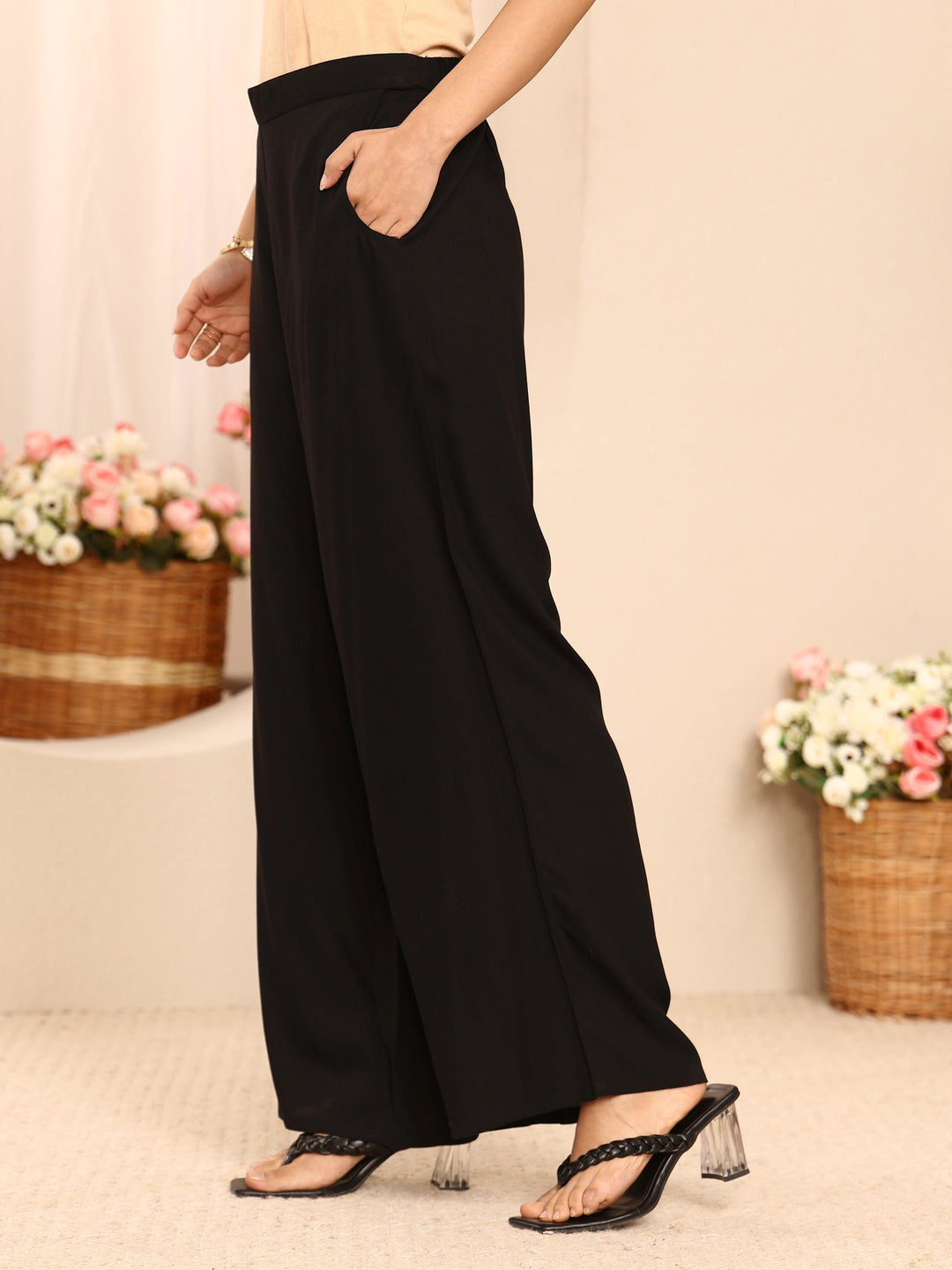  Black Solid Rayon A-Line Kurta Set 