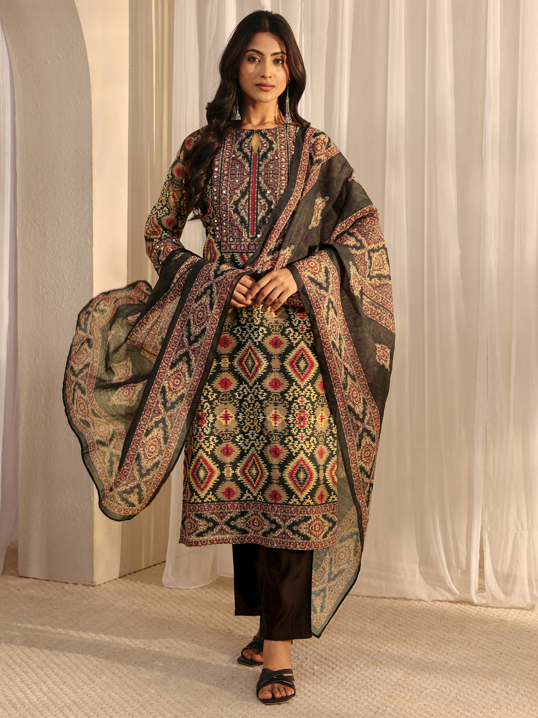  Black Abstract Printed Cotton Blend Straight Suit Set With Dupatta 