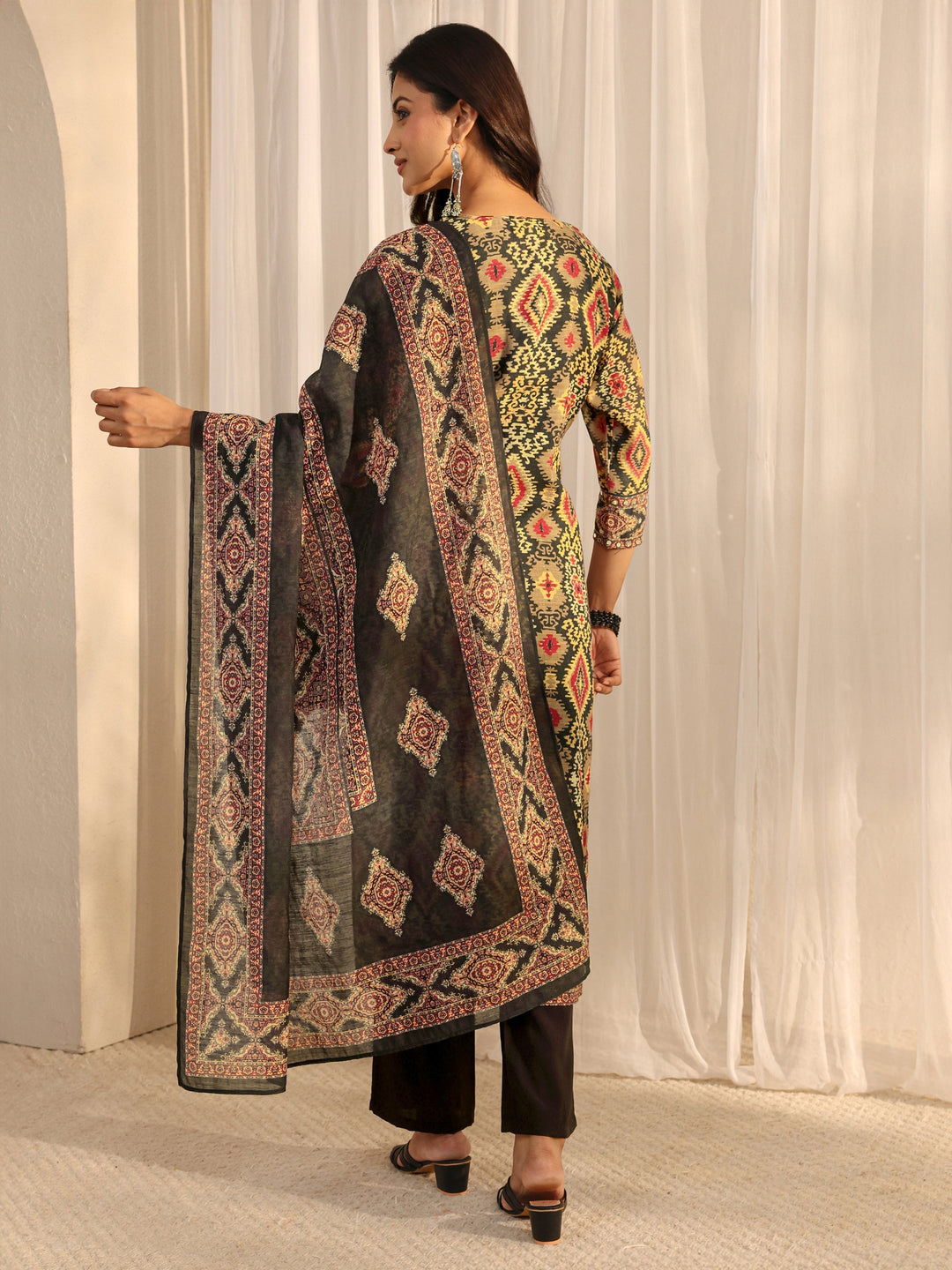  Black Abstract Printed Cotton Blend Straight Suit Set With Dupatta 