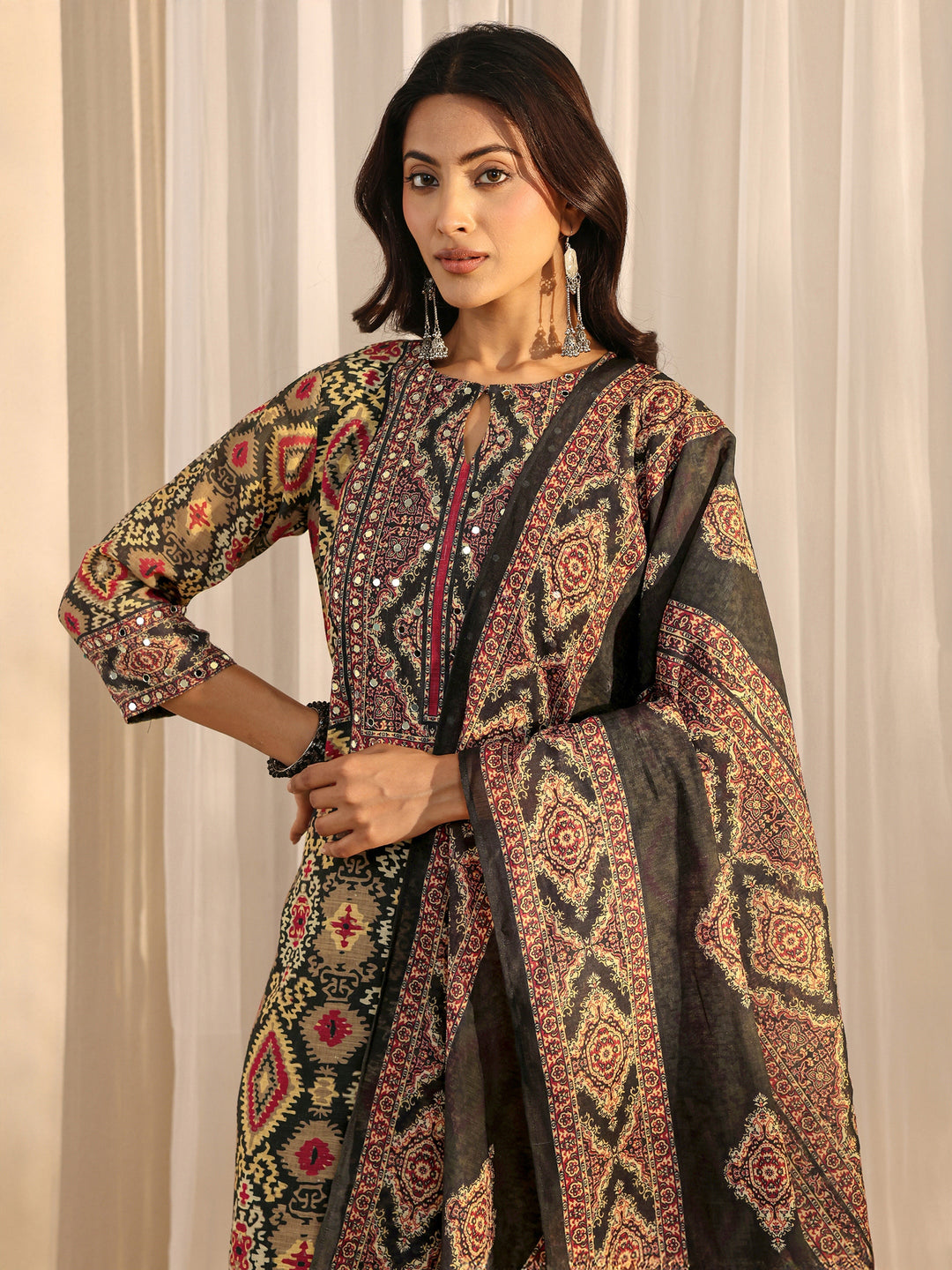  Black Abstract Printed Cotton Blend Straight Suit Set With Dupatta 