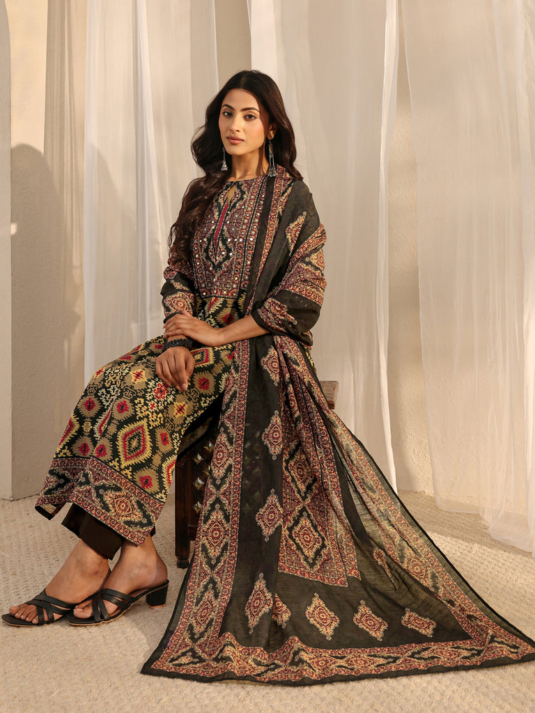 Libas Black Abstract Printed Cotton Blend Straight Suit Set With Dupatta