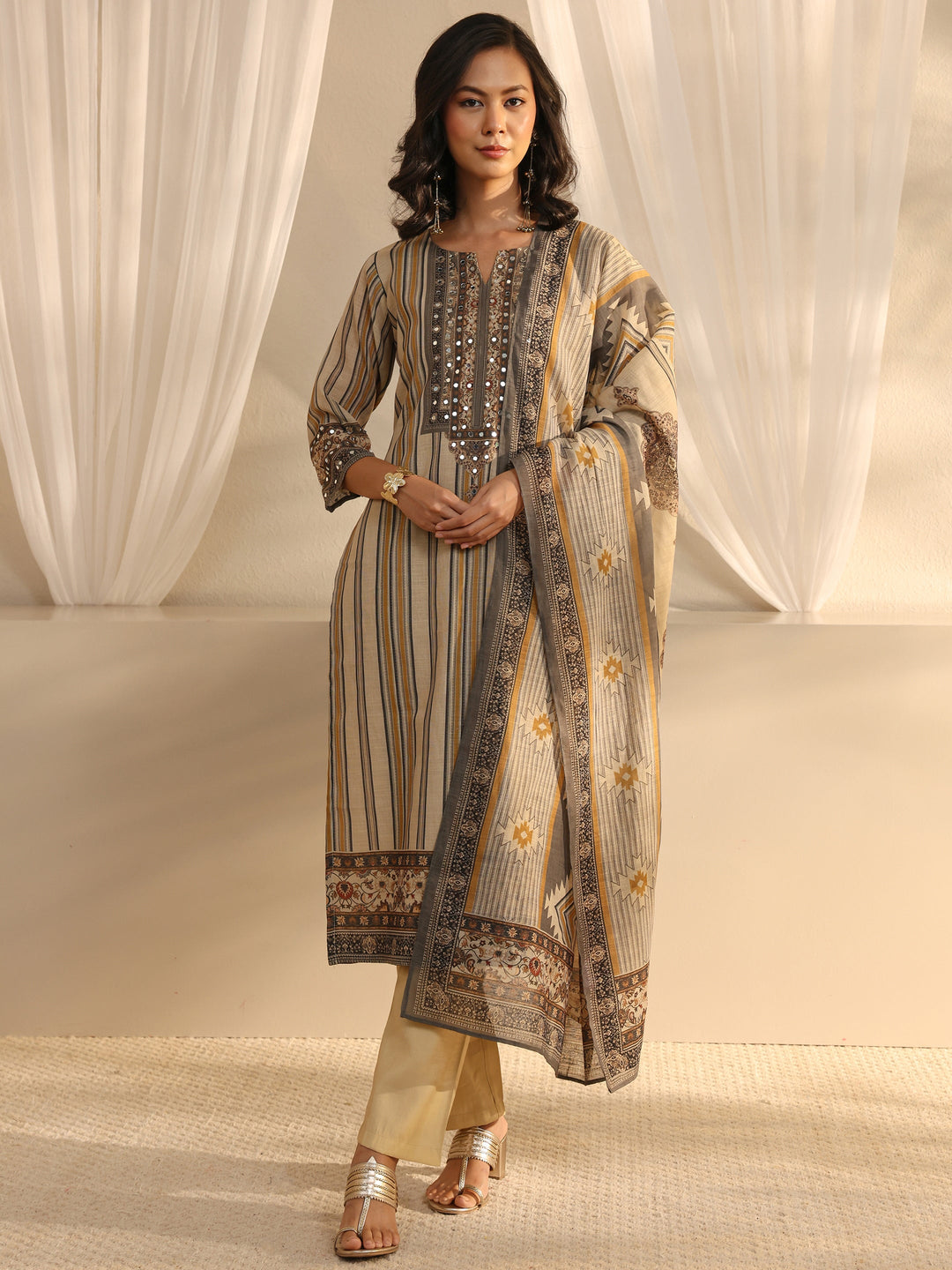  Beige Striped Printed Cotton Blend Straight Suit Set With Dupatta 