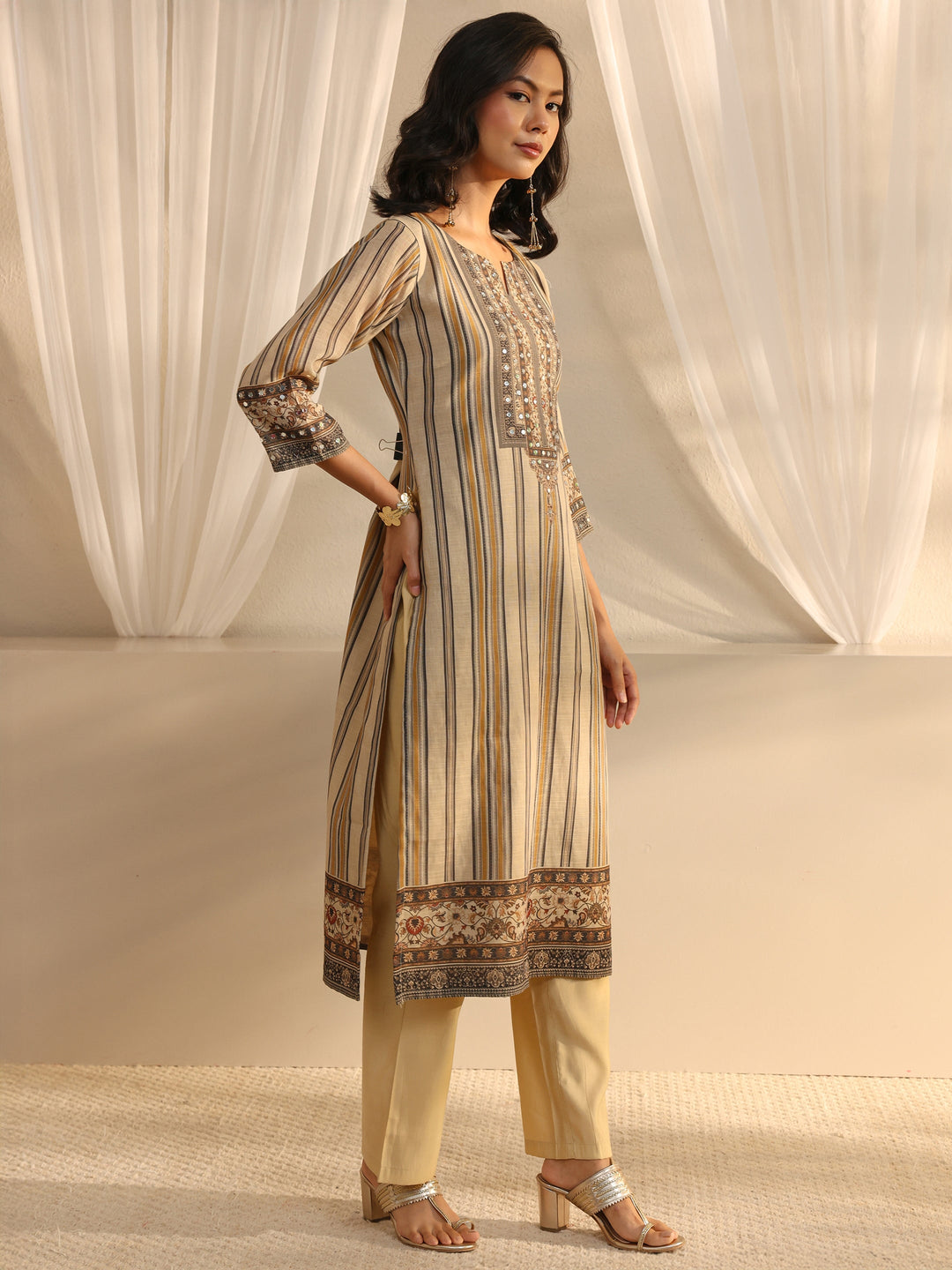  Beige Striped Printed Cotton Blend Straight Suit Set With Dupatta 