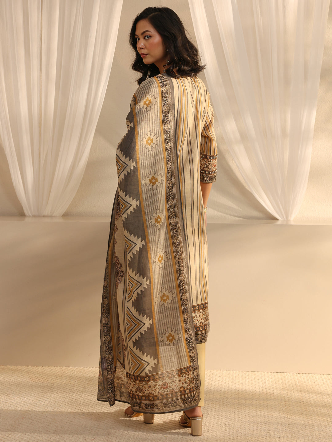  Beige Striped Printed Cotton Blend Straight Suit Set With Dupatta 