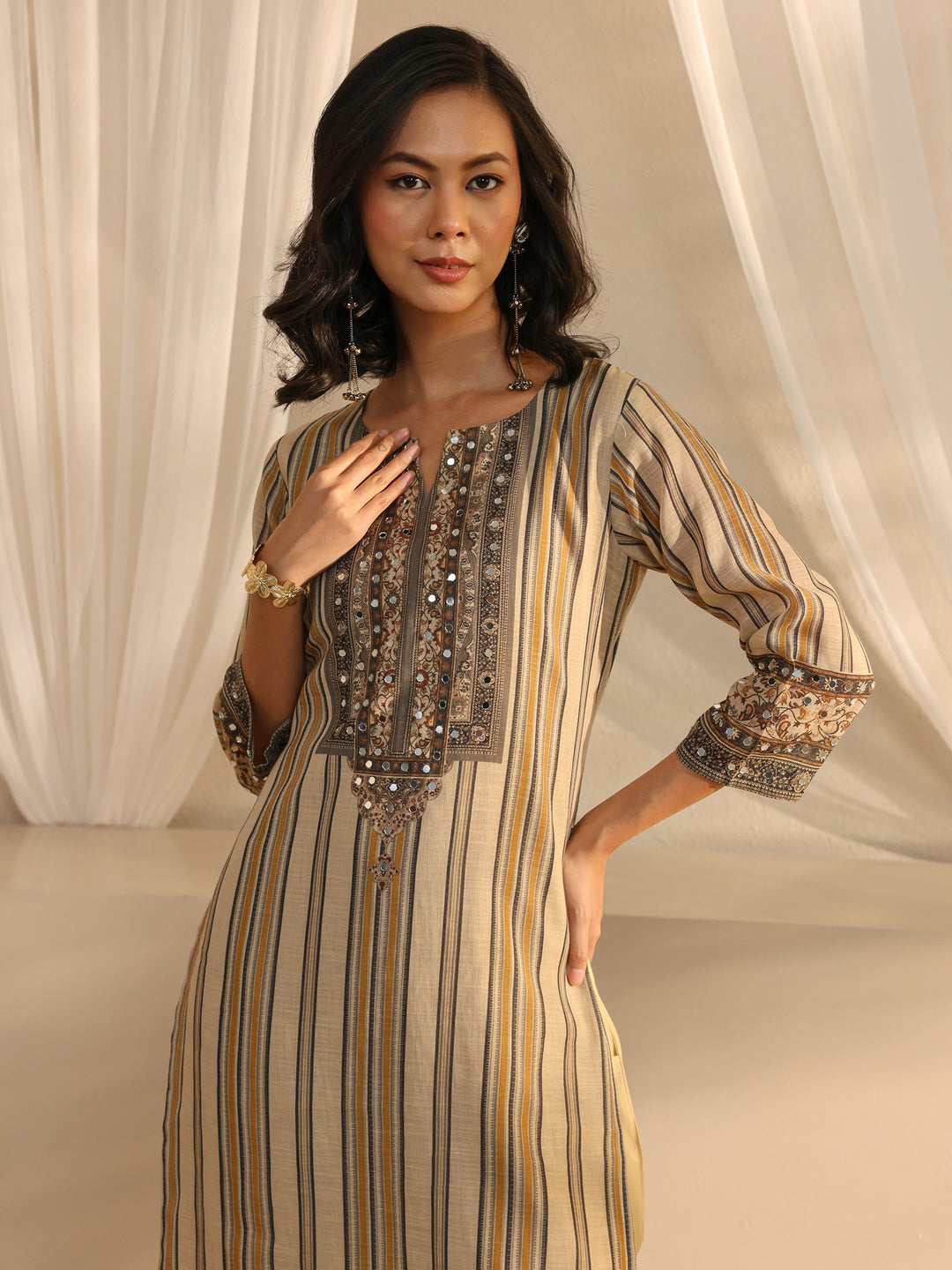  Beige Striped Printed Cotton Blend Straight Suit Set With Dupatta 
