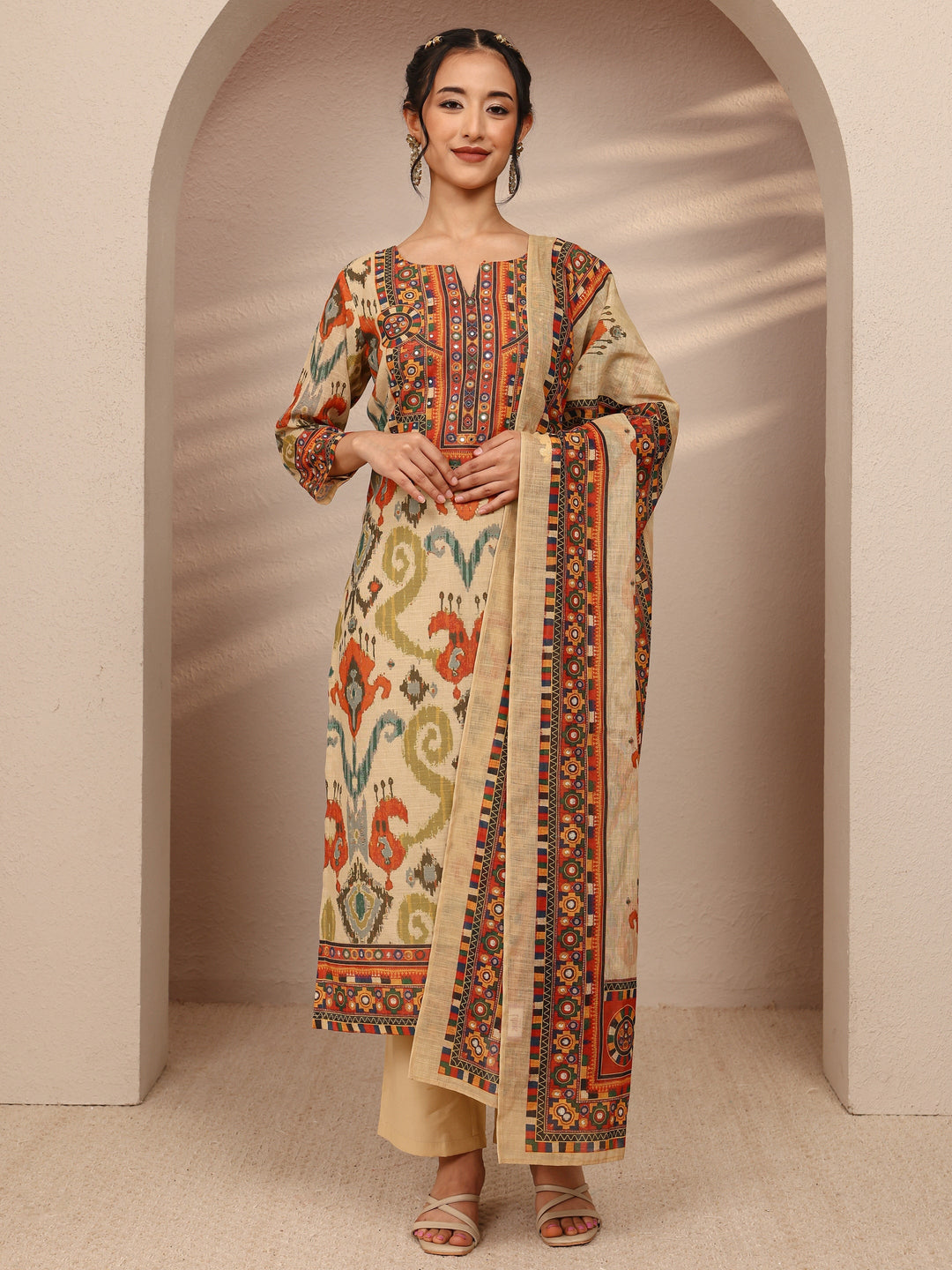  Multi Ethnic Motif  Printed Cotton Blend Straight Suit Set With Dupatta 