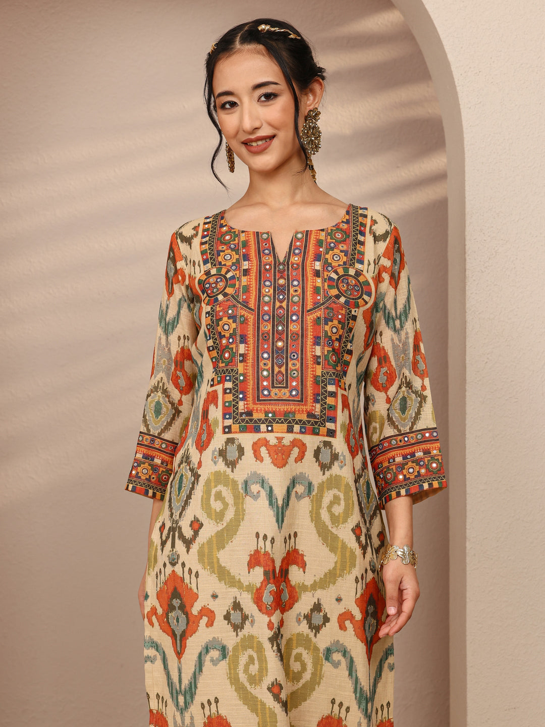  Multi Ethnic Motif  Printed Cotton Blend Straight Suit Set With Dupatta 