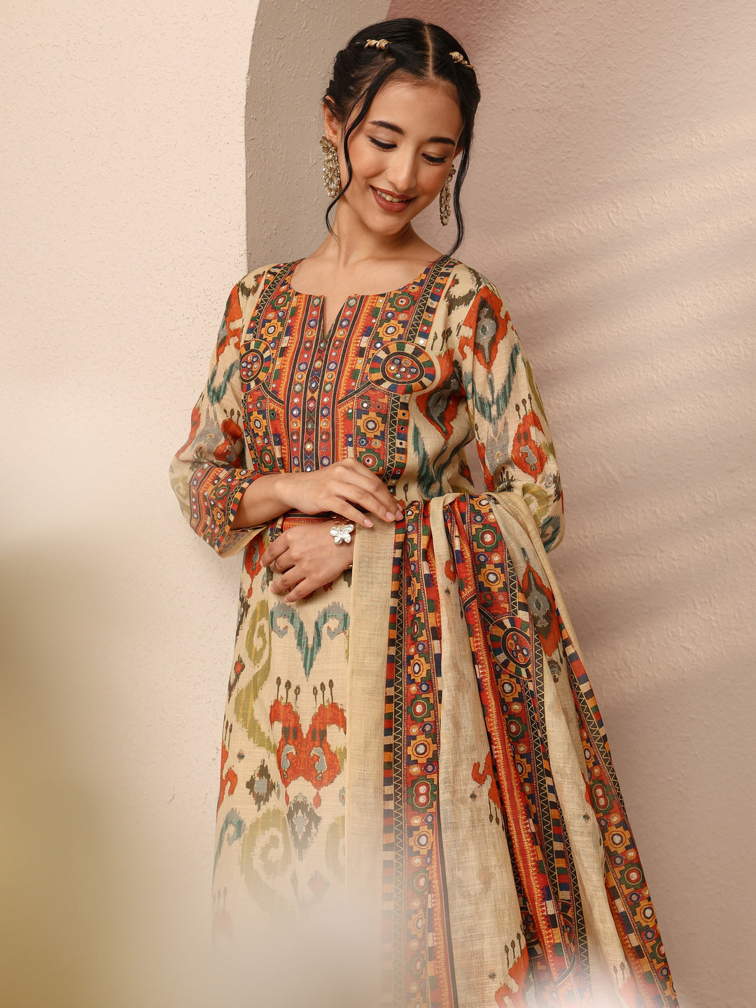  Multi Ethnic Motif  Printed Cotton Blend Straight Suit Set With Dupatta 