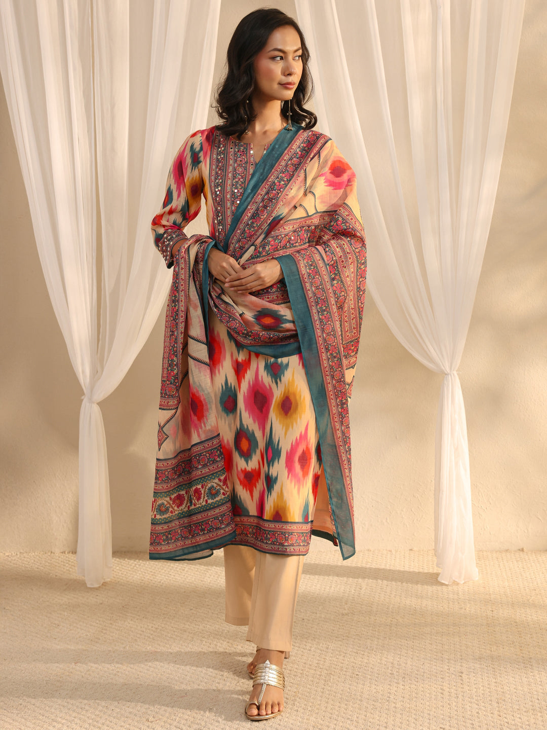  Multi Coloured Printed Cotton Blend Straight Suit Set With Dupatta 